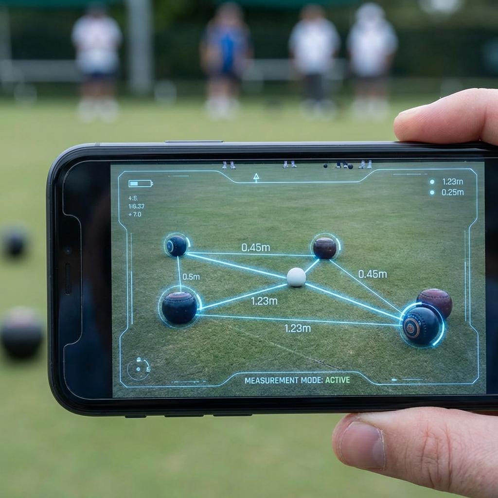 A phone held over a lawn bowls head with measurement lines between the bowls and jack