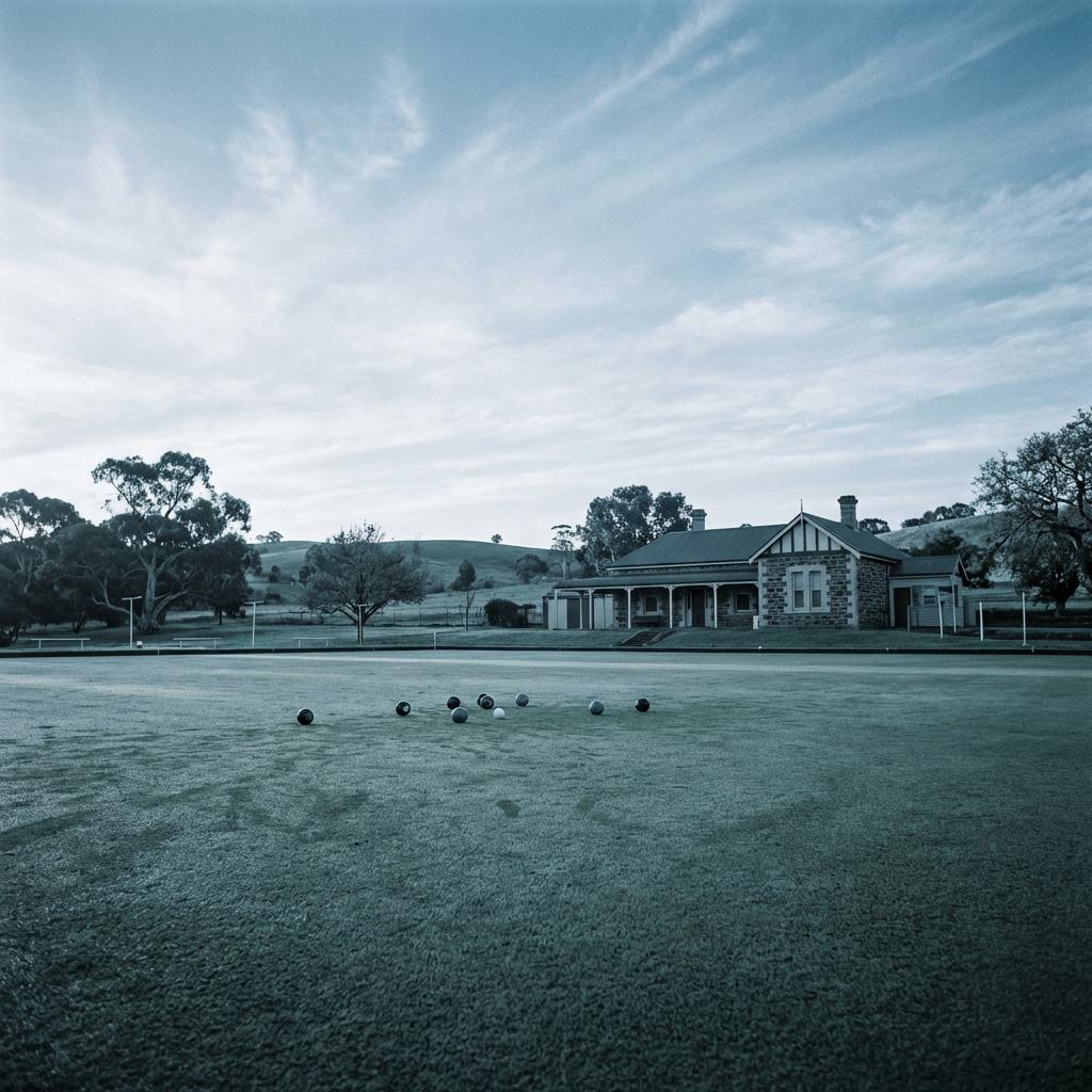 Lawn bowls resting around the jack on a quiet green