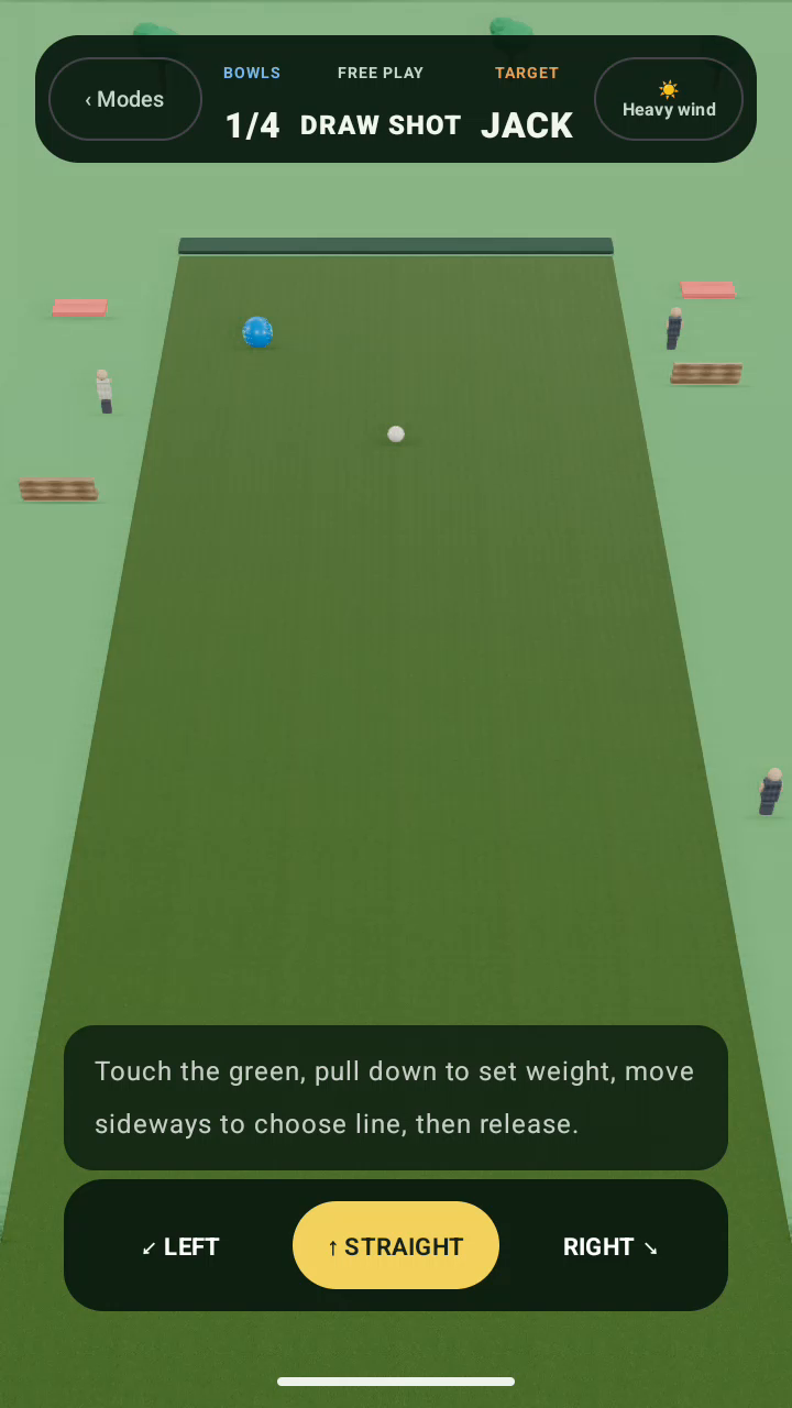 The WGTS lawn bowling game running in portrait orientation on Android