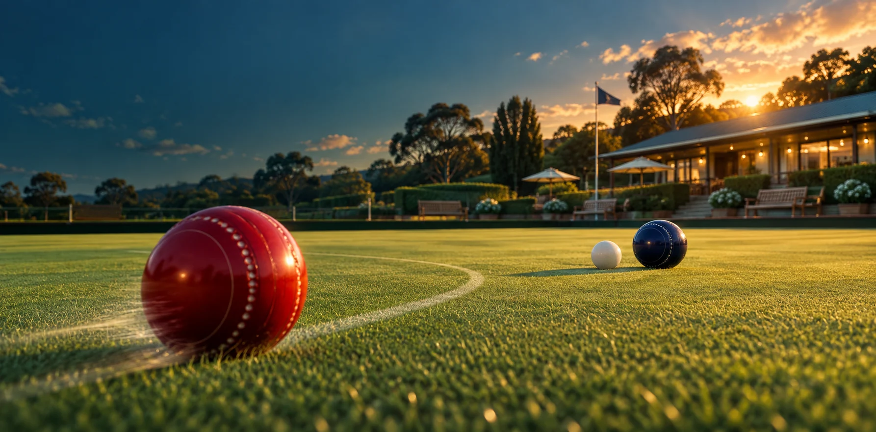 A red lawn bowl curving across a sunlit green toward a white jack and navy bowl