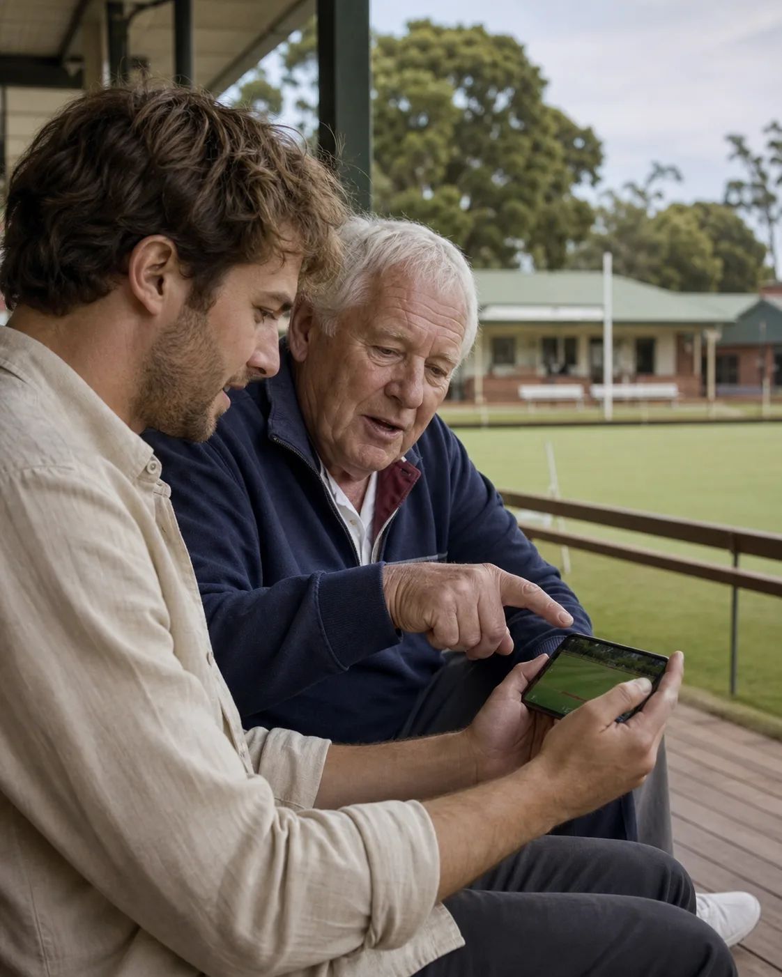 A younger adult and an older bowls player sharing the mobile lawn bowling game beside the green