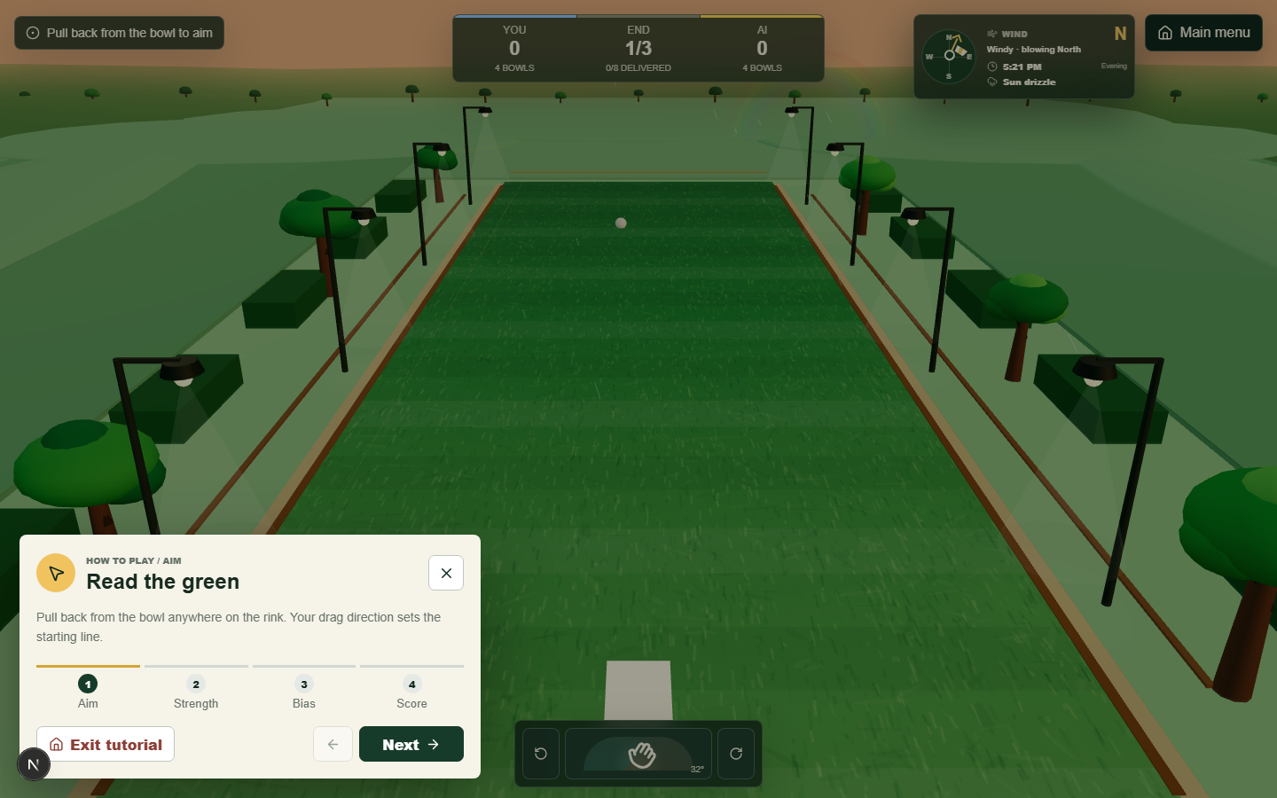 WGTS browser game showing a lawn bowls green and the guided first-delivery tutorial