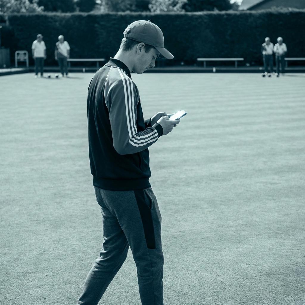 A lawn bowls player checking a phone while walking across the green