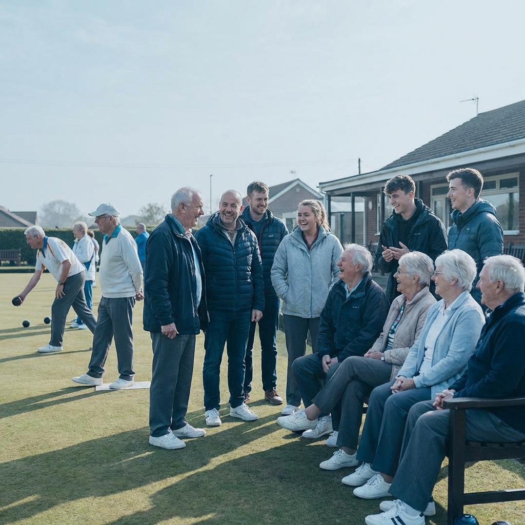 Players of different ages talking together beside a lawn bowls rink