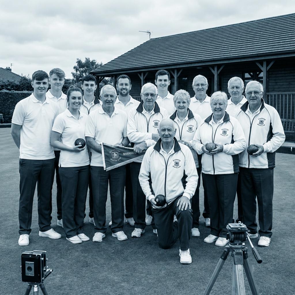 A multi-generation lawn bowls club team gathered outside its clubhouse